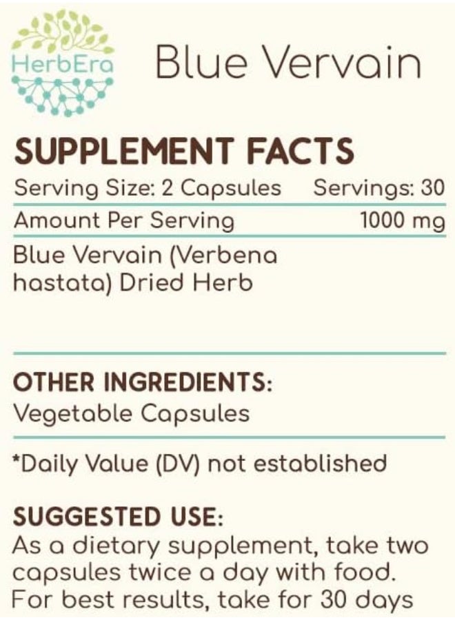 HerbEra Blue Vervain 60 Capsules, 500 mg, Blue Vervain (Verbena Hastata) Dried Herb - Image 4